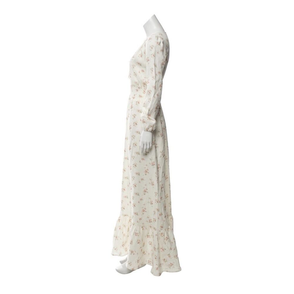 Reformation Linen Floral Maxi Dress Small Puff Sleeve Smocked Waist Cream Ivory - Picture 3 of 13